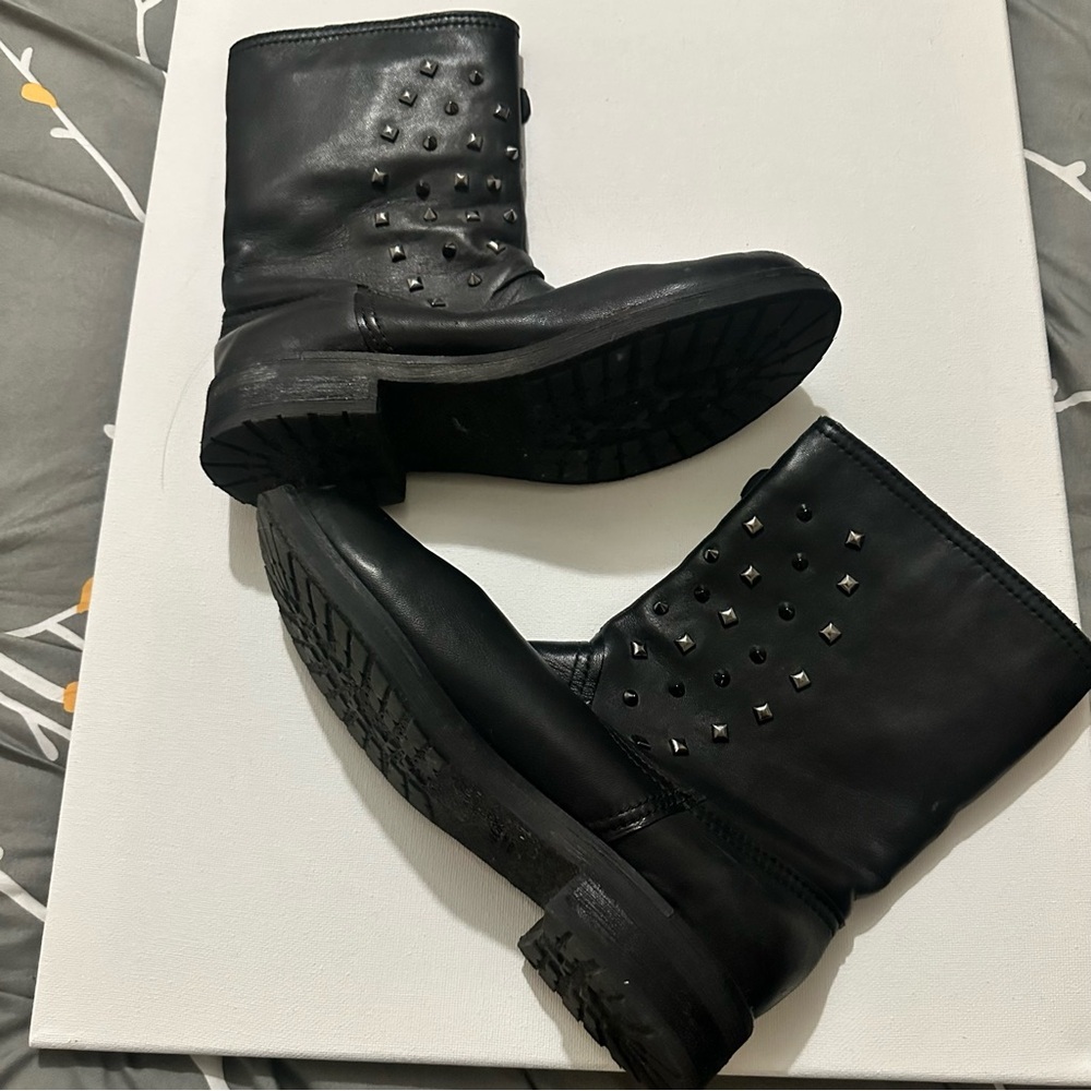 Geox Black Respira Virna Leather Plaid Lined Silver Spikes Moto Boots Sz 6 / 37 - Picture 3 of 15